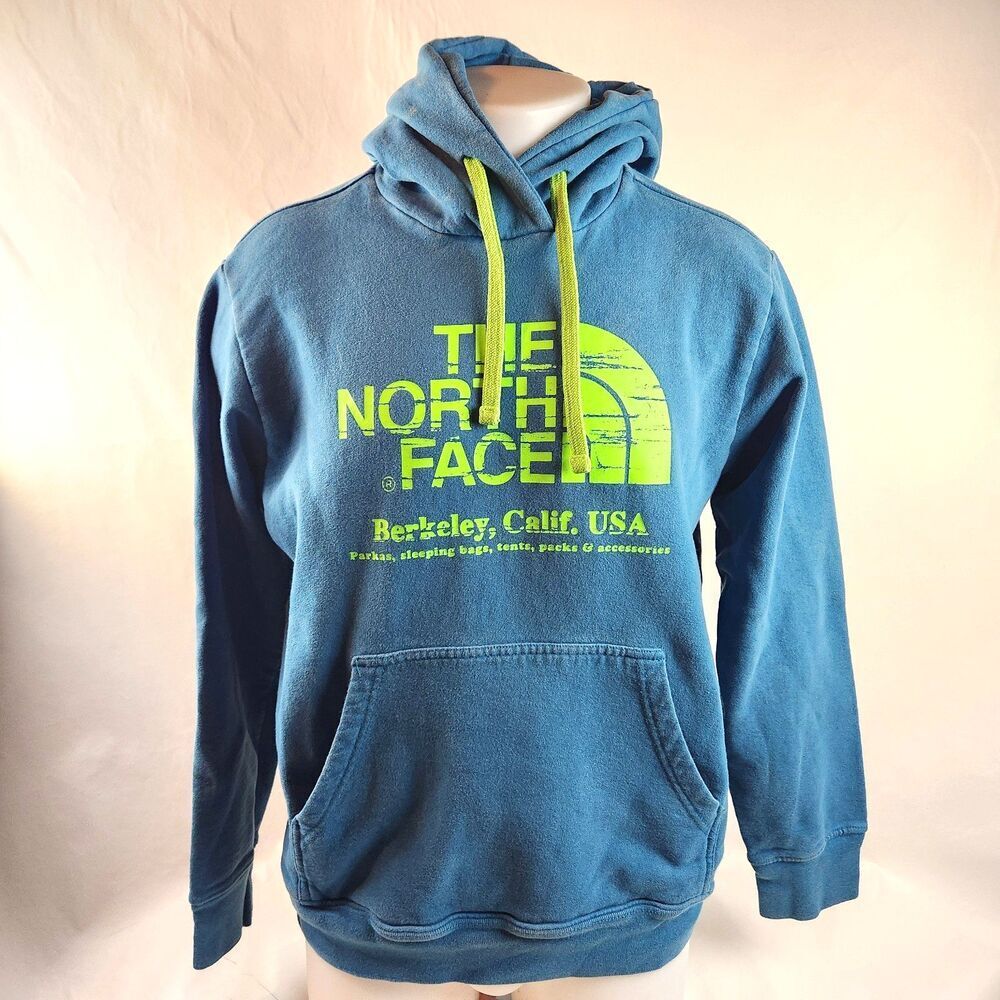 The North Face Sweatshirt Mens Medium Pullover Hoodie Blue Lime Graphic Outdoors